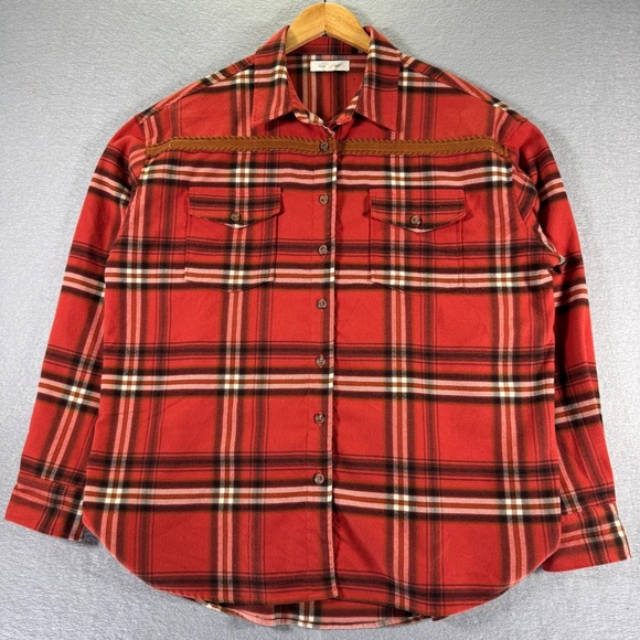 Tops - Cleo+Wolf Cozy Spring Flannel Shirt Women Medium Orage Plaid Flap Pocket Preppy